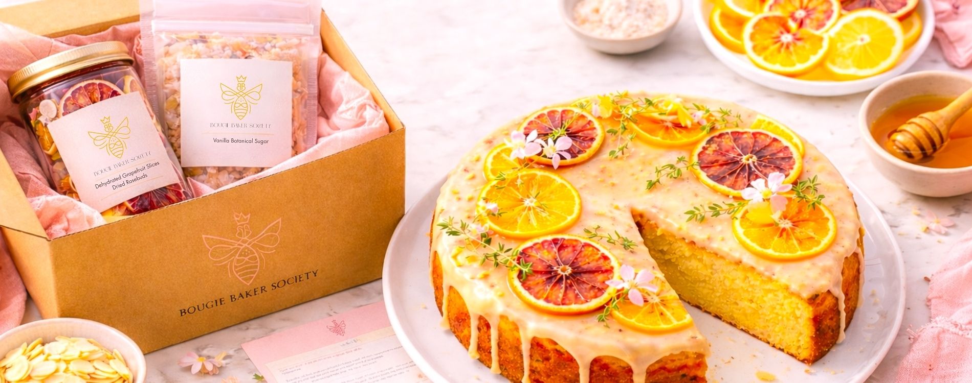 A styled flat lay of a Bougie Baker Society baking kit and freshly baked citrus olive oil cake, showcasing premium ingredients, elegant packaging, and decorative garnishes designed for elevated home baking.