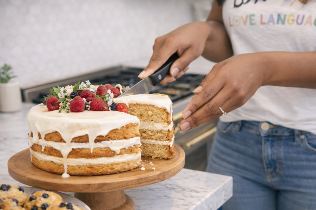 Close-up of hands slicing into a layered cake on a kitchen counter, revealing soft cake and filling, capturing the moment of an elevated homemade bake.