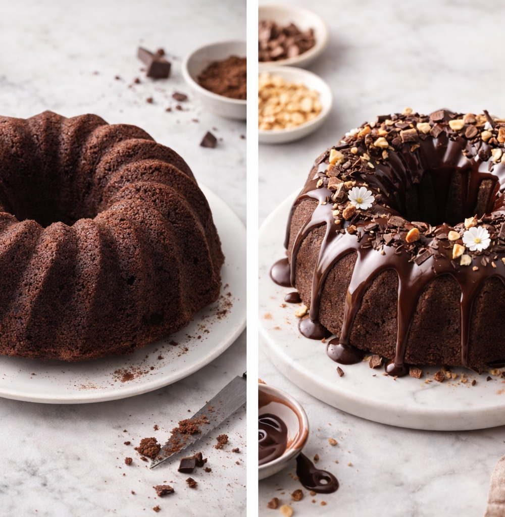 A visual representation of when desserts don't feel finished. A side-by-side chocolate bundt cake showing an unfinished cake next to an elevated, finished version with glaze and garnish.