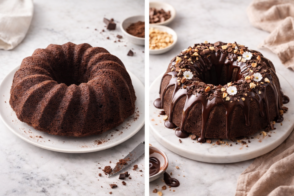 A visual representation of when desserts don't feel finished. A side-by-side chocolate bundt cake showing an unfinished cake next to an elevated, finished version with glaze and garnish.
