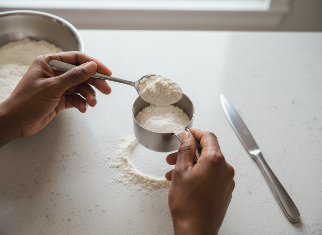 Almond skin-toned hands spoon flour into a measuring cup and level it with a knife for accurate baking.