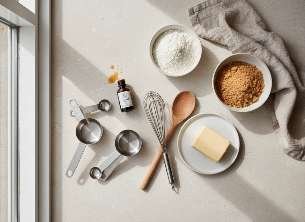 Flat lay of baking mise en place with measuring cups, flour, brown sugar, butter, vanilla, and tools on a neutral counter.