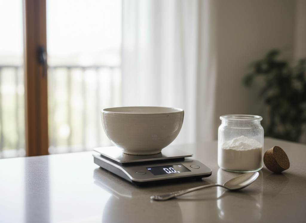 Digital kitchen scale with a bowl ready for weighing ingredients for more precise baking.