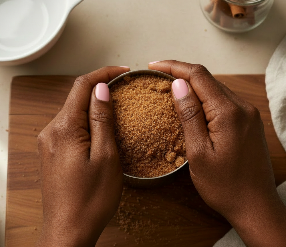 Deep brown hands with baby pink nails pack brown sugar firmly into a measuring cup until level.